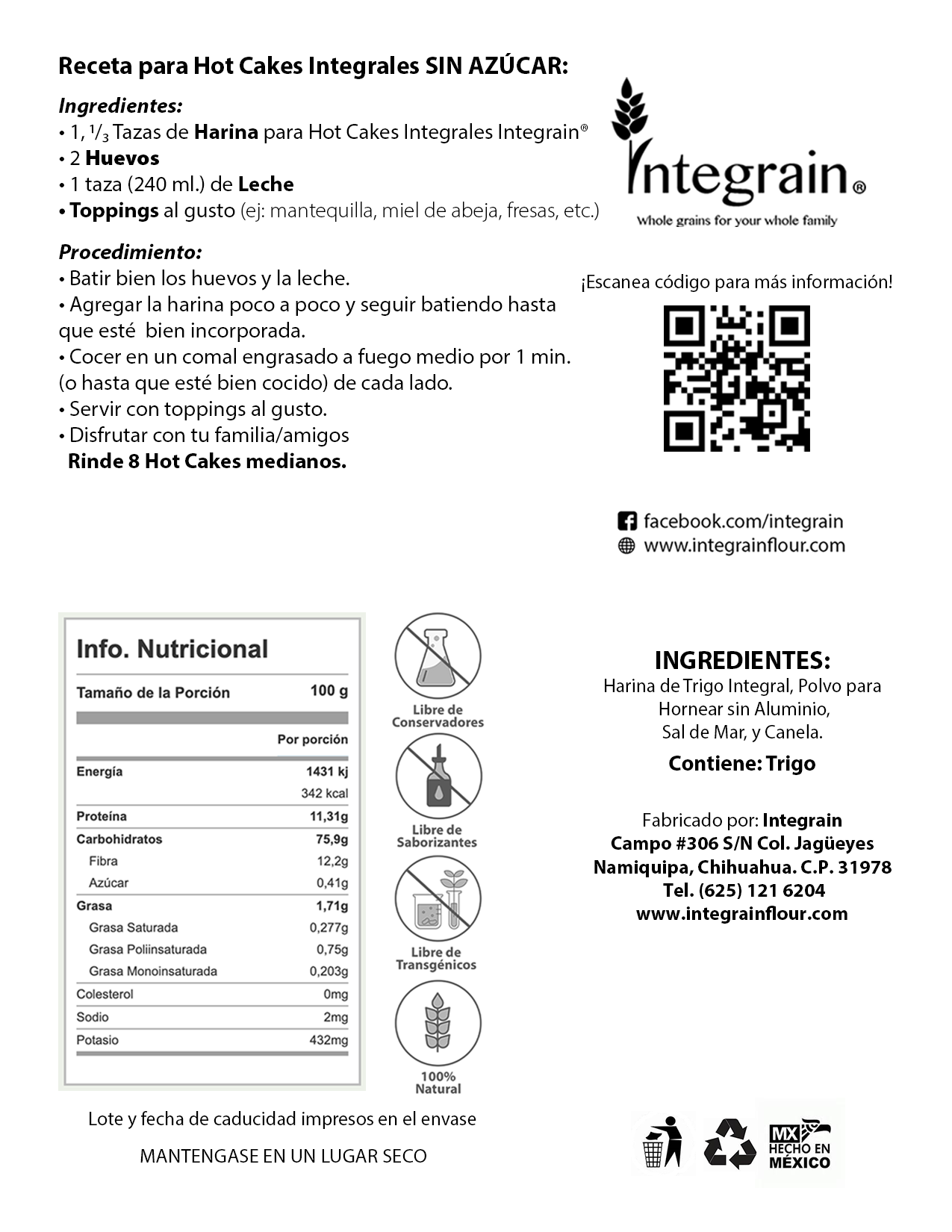Harina para Hot Cakes Integrales SIN AZÚCAR
