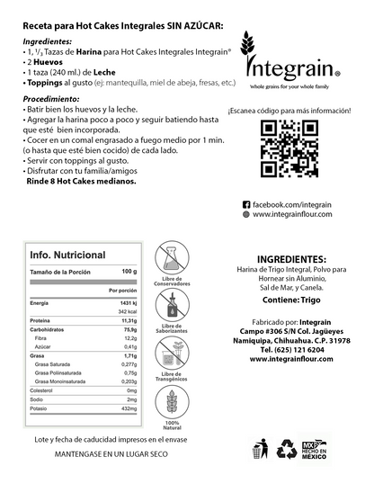 Harina para Hot Cakes Integrales SIN AZÚCAR